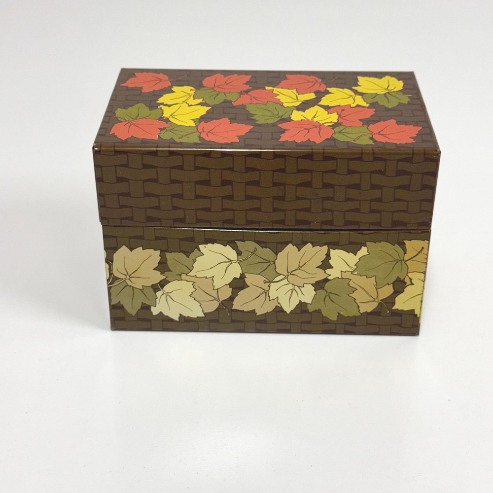 Vintage metal recipe box with basket weave and leaves- Syndicate mfg